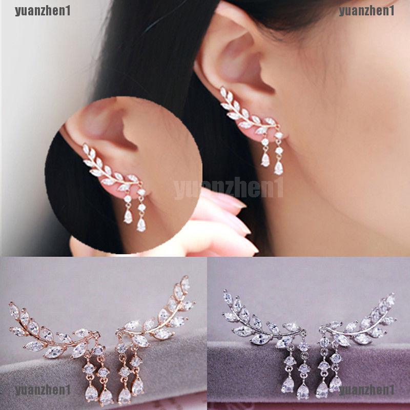 Hoa Tai Dáng Dài Hình Lá Đính Đá Zircon