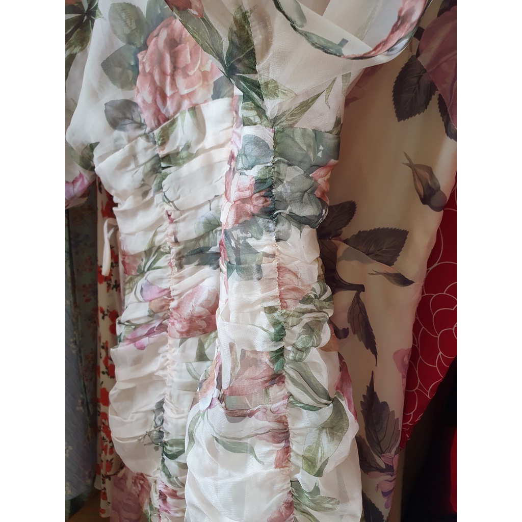 Đầm kimono body sexy màu be họa tiết hoa nhún bèo voan tơ Size S