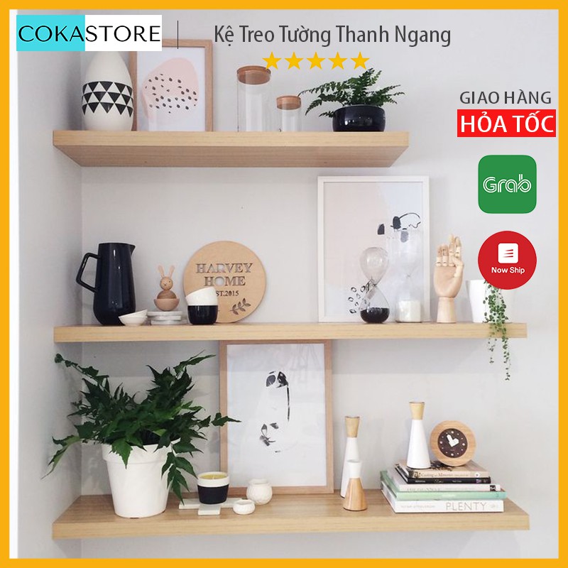 Kệ Gỗ Treo Tường Thanh Ngang Kết Cấu Giấu Chân Chắc Chắn, Gỗ Dày 2,5cm (Màu Vân Gỗ) + Tặng Kèm Thước Thủy