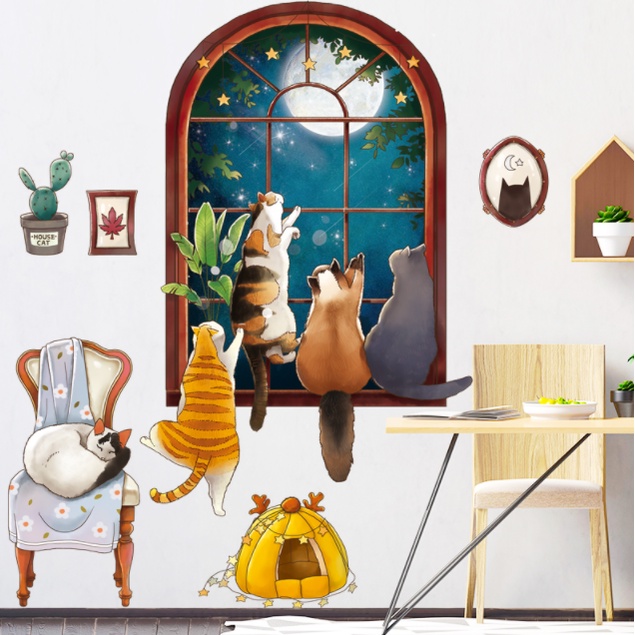 Decal trang trí tường - Những chú mèo ngồi bên cửa sổ trăng