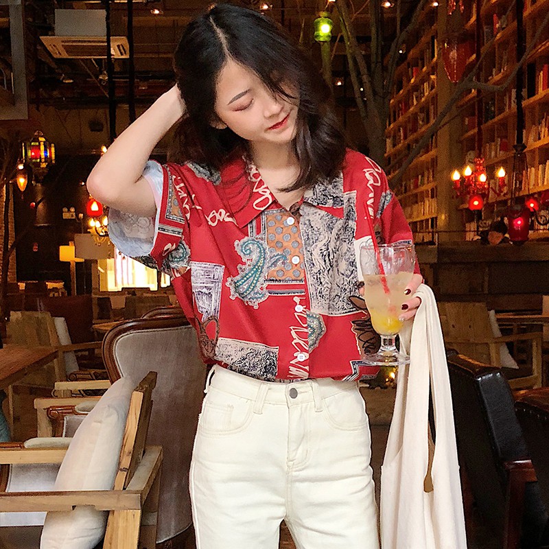 Áo sơ mi nữ phong cách Hồng Kông ngắn tay phối họa tiết thời trang, năng động,cá tính,thời trang