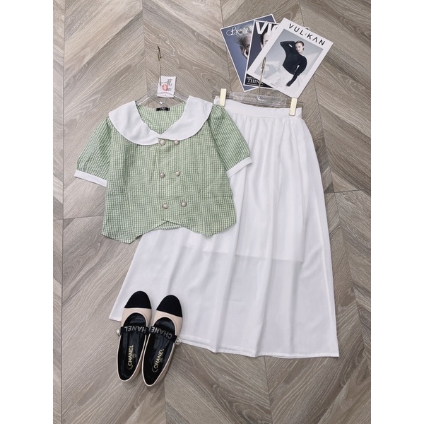 SÉT ÁO VÁY KẺ Ô CỔ SEN ÁO CHẤT ĐŨI NHĂN KẺ Ô XANH NGỌC HÀNG L1