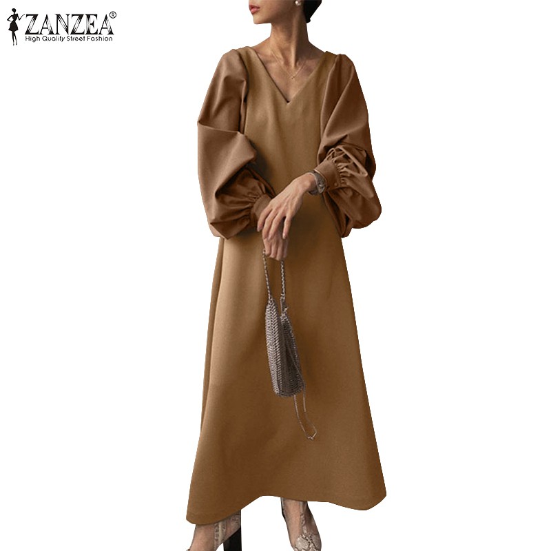 ZANZEA Đầm Maxi ZANZEA Cổ Chữ V Tay Phồng Màu Trơn Nữ Tính DỄ Thương | BigBuy360 - bigbuy360.vn