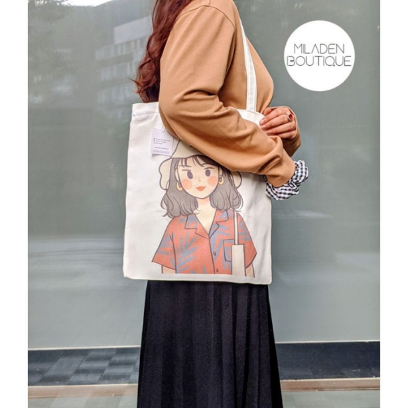 Túi vải,Túi Tote Canvas MILADEN Thiết Kế Girl Đội Nón Miladen.
