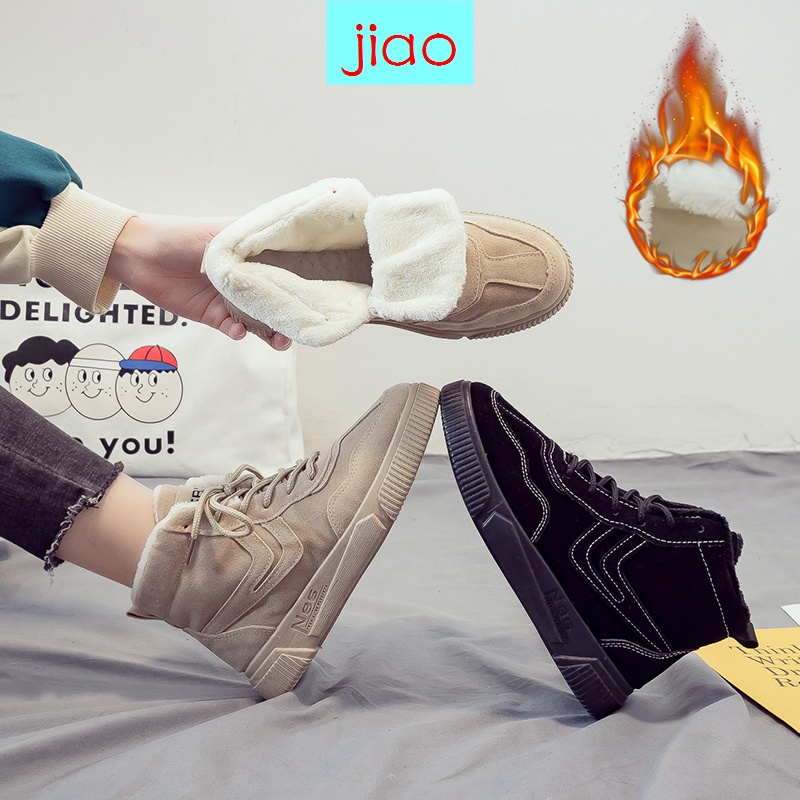 Giày boot Martin cổ cao phối lông nhung phong cách Anh thời trang thu đông cho nữ