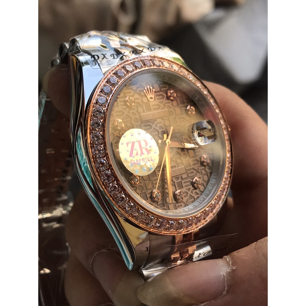 Đồng hồ nam Rolex đồng hồ cơ máy nhật mặt màu nâu cafe 3D viền đá size 41-42mm