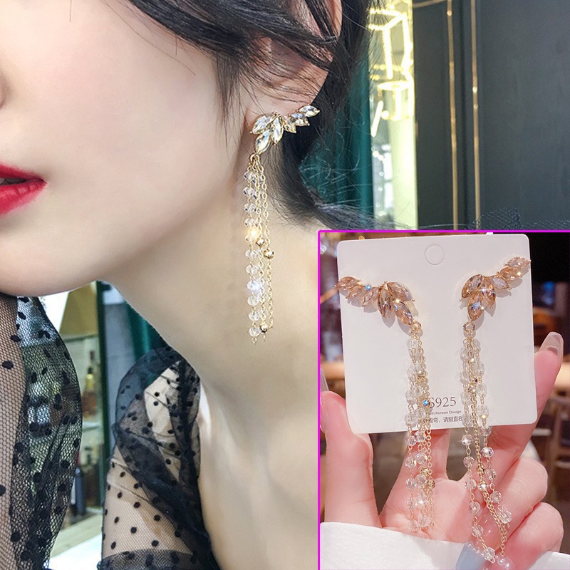 Khuyên Tai Bạc 925 Dáng Dài Hình Cánh Đính Đá Pha Lê Thời Trang Phong Cách Hàn Quốc Cho Nữ