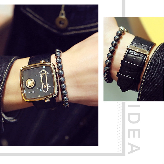 Đồng hồ đeo tay nam chính hãng Guou dây da mặt vuông đẹp viền vàng độc lạ chống nước