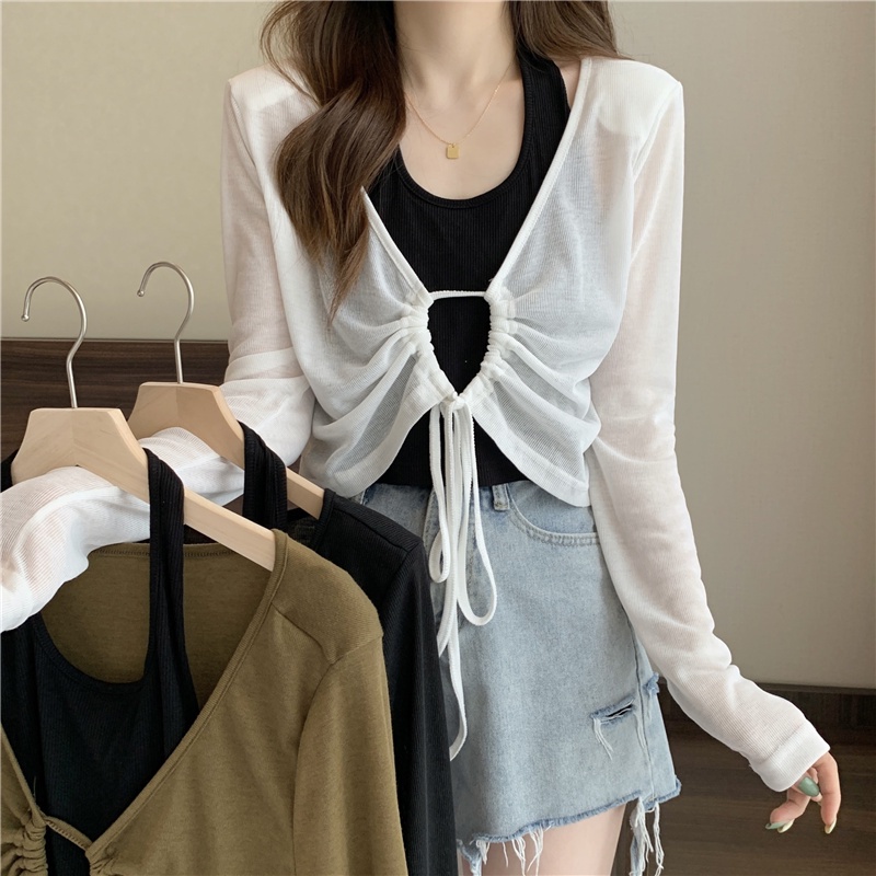 SUXI Áo Kiểu Tay Dài Cổ Chữ V Phối Dây Rút Mỏng Chống Nắng Phong Cách Hàn Quốc Thời Trang Mùa Hè Cho Nữ