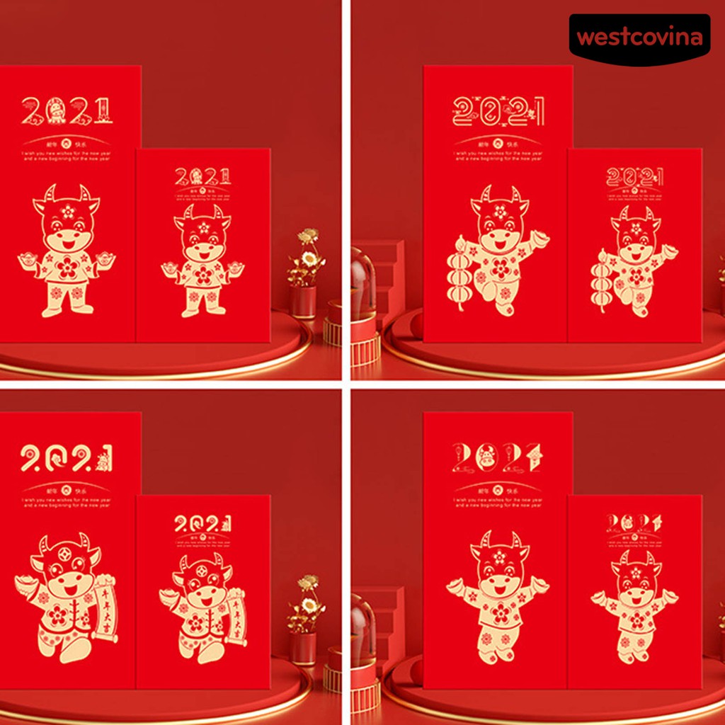 Set 6 bao lì xì đỏ in hình chú bò dễ thương cho năm mới 2021