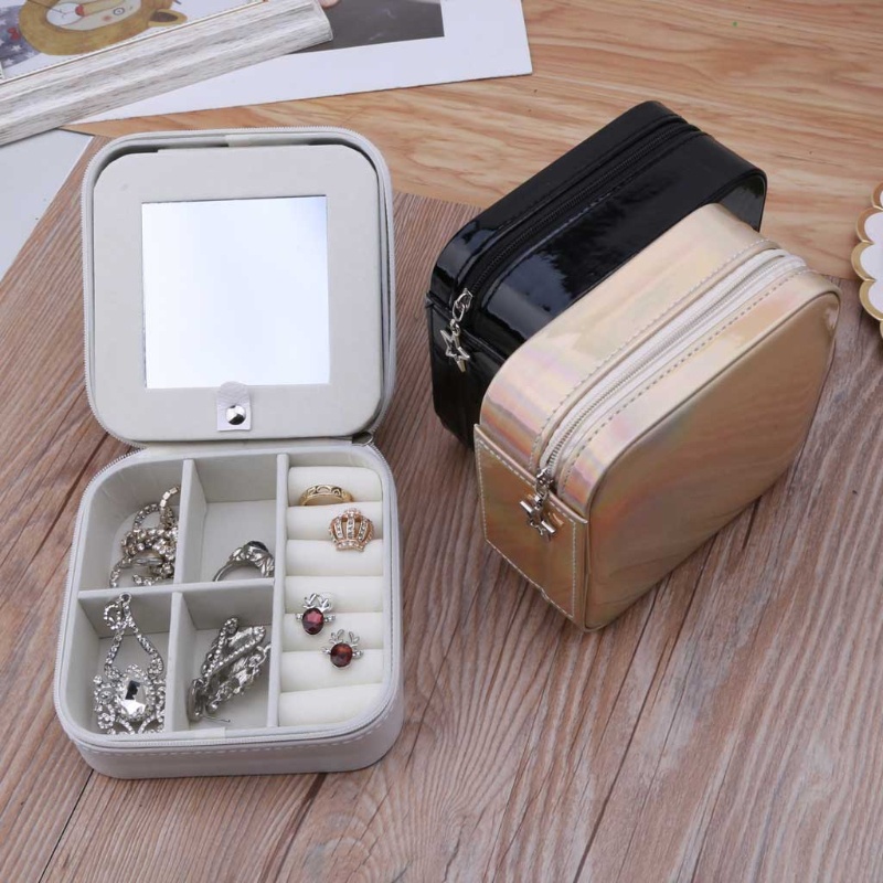 Flgo Hộp Đựng Trang Sức Mini Bằng Da Có Gương Và Khóa Kéo Tiện Dụng Mang Theo Du Lịch