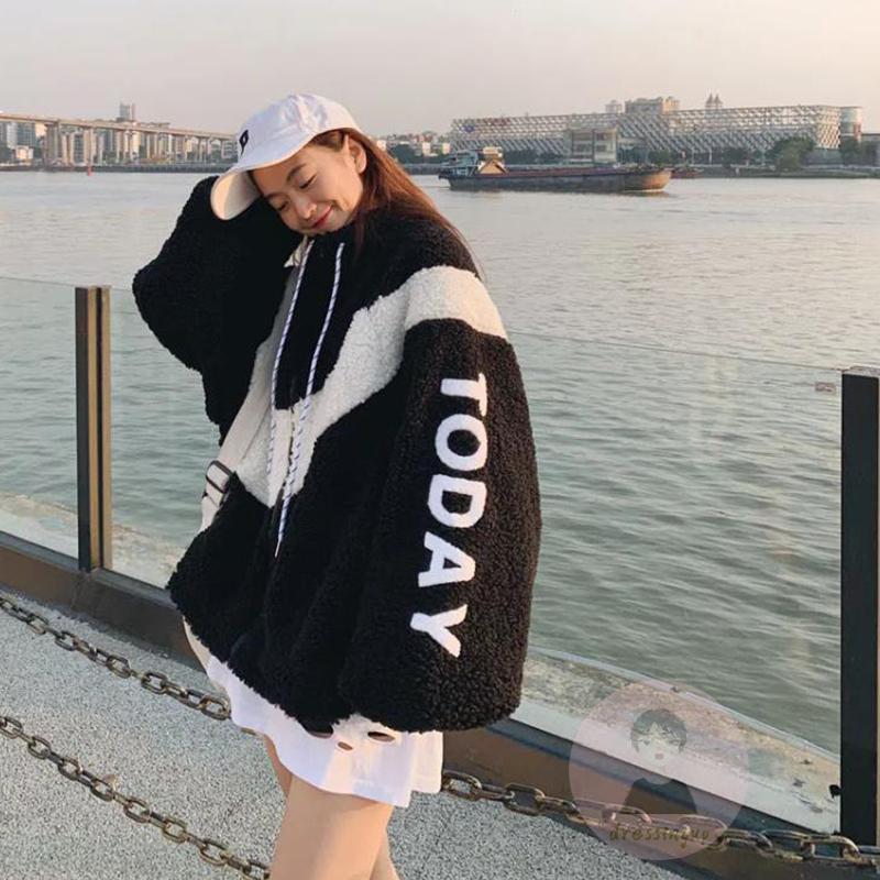 Áo Khoác Giả Lông Thú Khóa Kéo In Chữ Thời Trang Cho Nữ