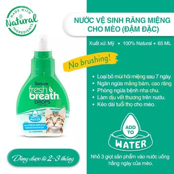 Nước vệ sinh răng miệng hàng ngày cho mèo Fresh Breath Drops by Tropiclean