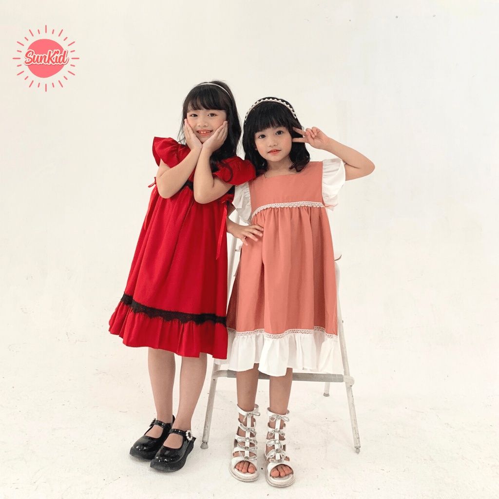 Váy đầm bé gái dáng suông viền đen màu đỏ vải trượt nhật cao cấp mùa hè Sunkid SN10 size trẻ em 4-12 tuổi