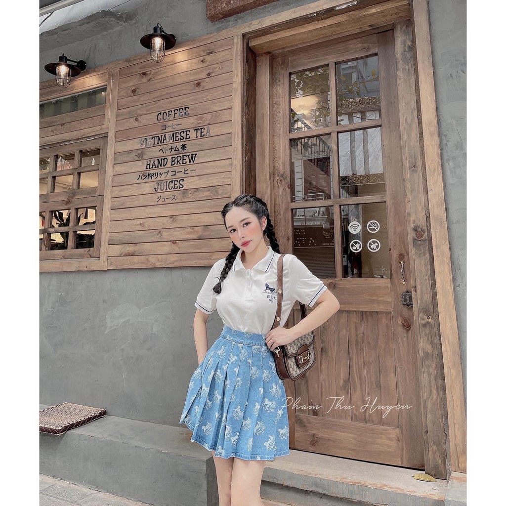 Set Áo Polo Thêu Chữ Mix Chân Váy Xanh