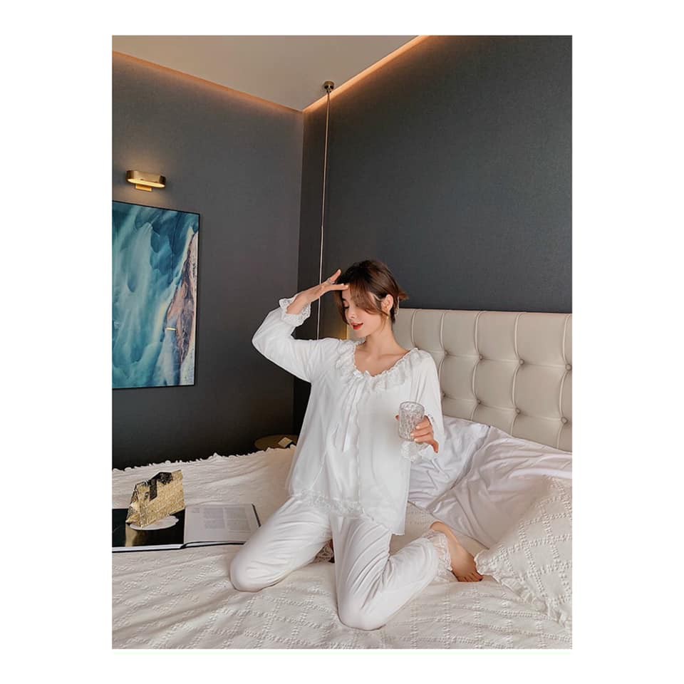 Bộ Ngủ Pyjama tiểu thư viền ren cao cấp