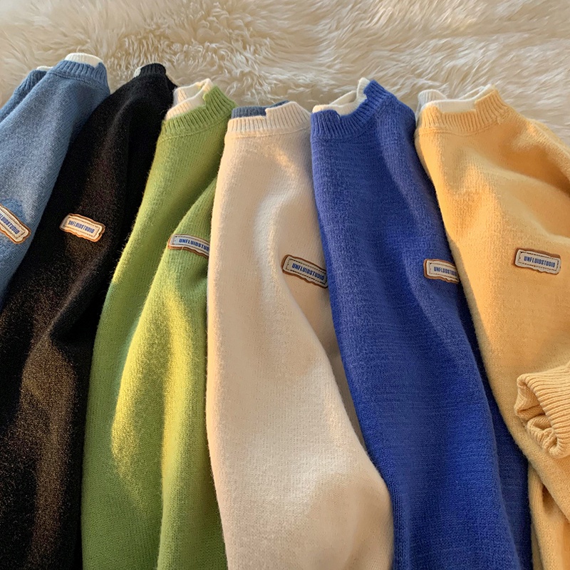 ✦ AFFLIGA ✦Áo sweater dệt kim tay dài cổ tròn màu sắc phong cách retro thời trang thu đông dành cho nam và nữ