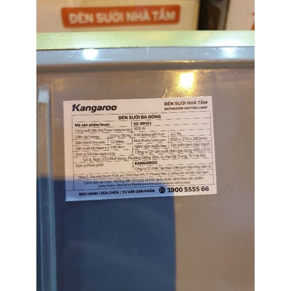 Đèn sưởi nhà tắm Kangaroo KG3BH01 825W- hàng trưng bày cty thanh lý