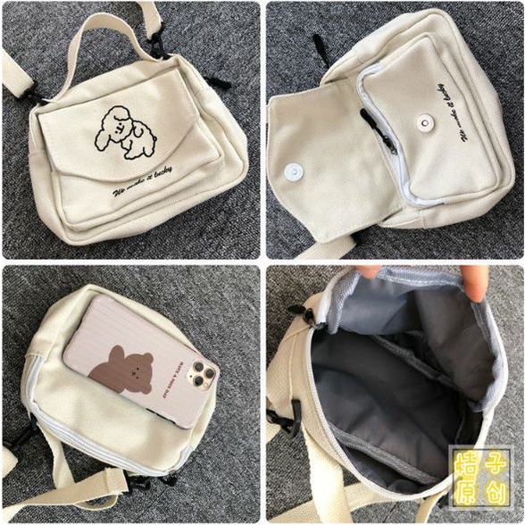 Túi đeo chéo bằng canvas thêu hình chú chó đáng yêu phong cách Harajuku Nhật Bản