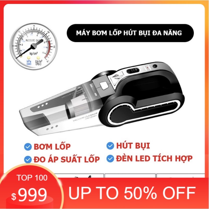 Máy hút bụi ô tô ,hút bụi mini cầm tay, bơm lốp ô tô, đo áp suất lôp,đèn chiếu sáng, tích hợp 4 trong 1