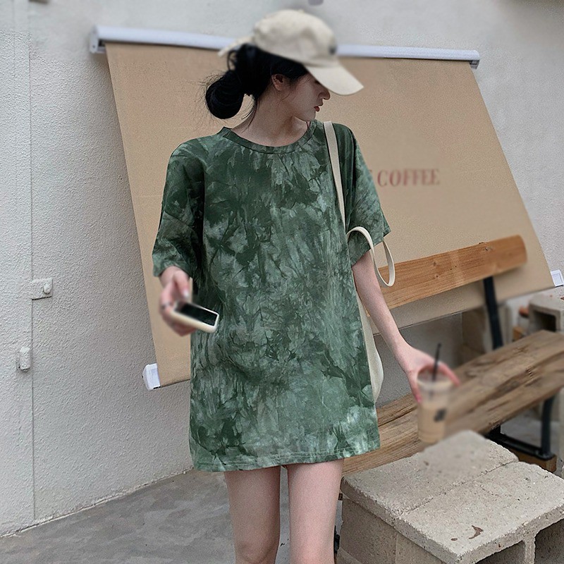 Áo thun tay ngắn dáng rộng họa tiết nhuộm màu loang thiết kế hở lưng thời trang mùa hè cho nữ