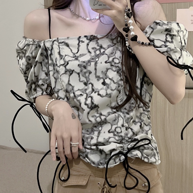 SUXI Áo Sơ Mi Tay Ngắn Trễ Vai Hoạ Tiết In Thời Trang Mùa Hè Cho Phái Nữ