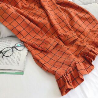 [THANH LÝ SHOP] Đầm sơ mi caro phom suông viền bèo