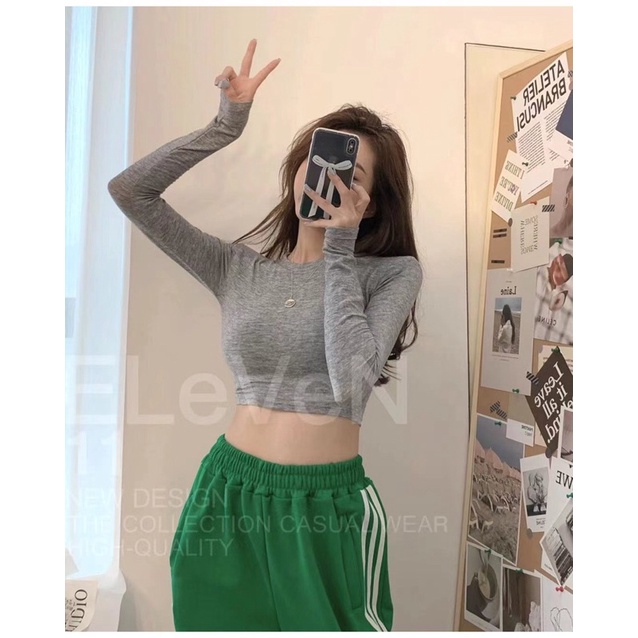 ( Ảnh thật ) 1127 Áo croptop cổ tròn tay dài