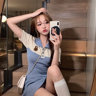 Váy đầm cổ polo ngực gấu xanh đen năng động trẻ trung phong cách Hàn Quốc
