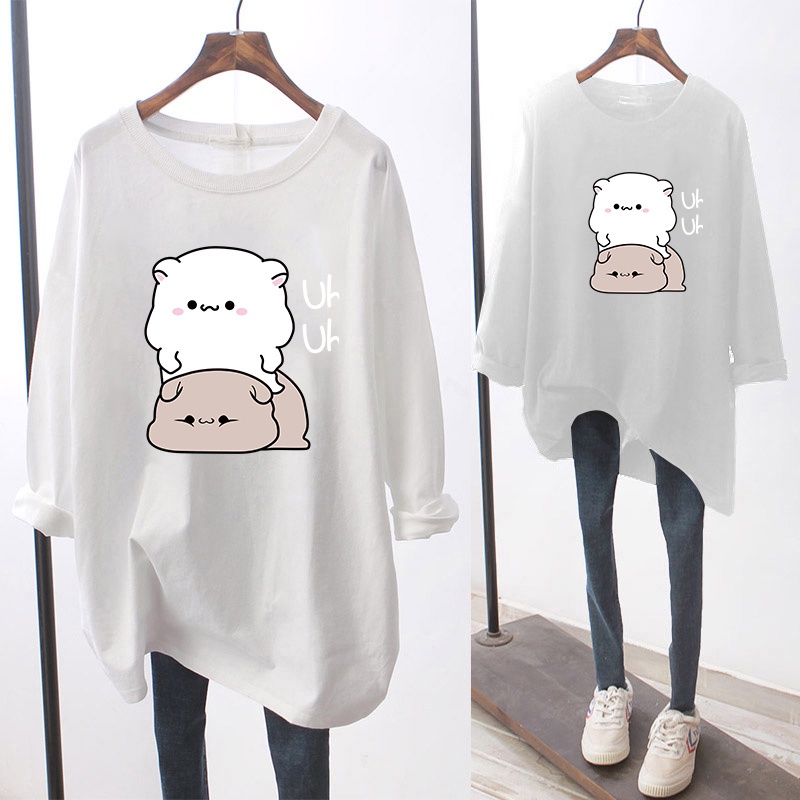 NRVP Áo thun nữ tay dài cổ tròn dáng rộng in hình hoạt hình size lớn 5xl