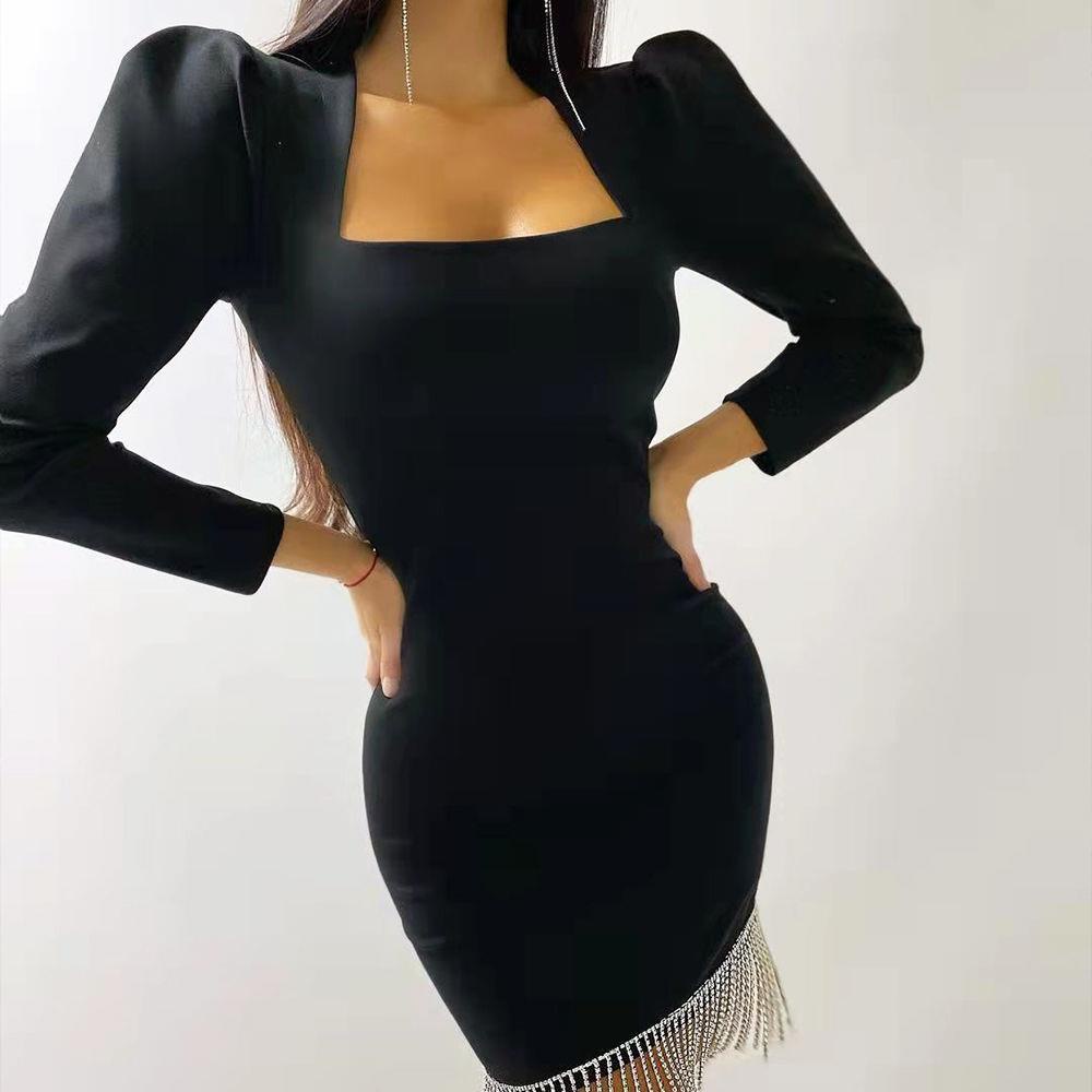 Đầm Nữ Dài Tay Tua Rua Màu Trơn Phong Cách Mới