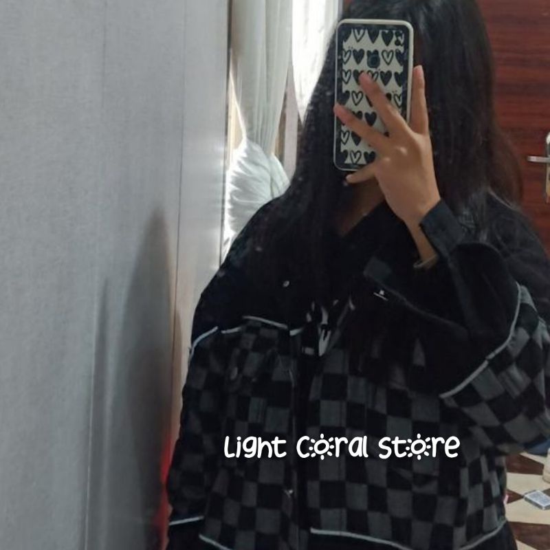 Áo khoác style Hàn bò denim tone đen phối vạt kẻ caro họa tiết bàn cờ có size ulzzang Hàn