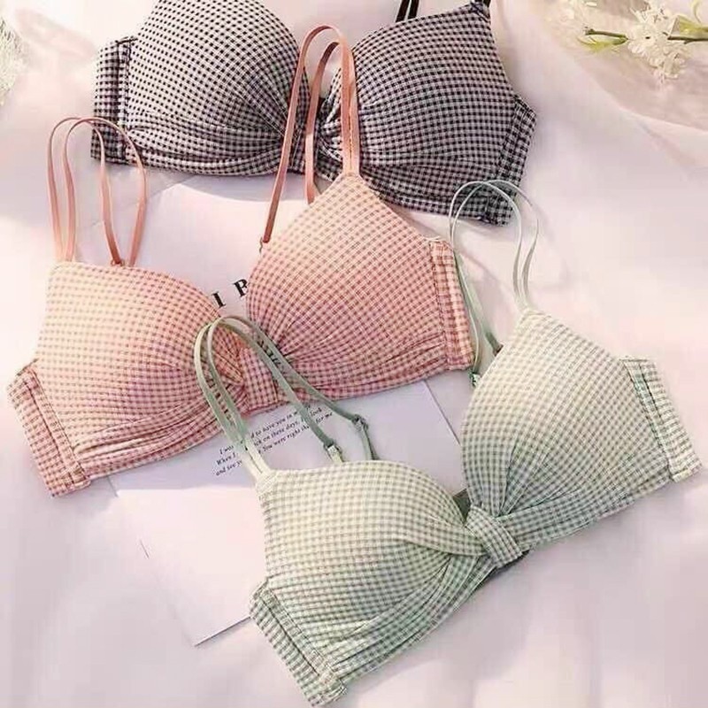 Bộ Áo Lót Nữ Nhún Nơ Kẻ Dây Kép Đệm Vừa + Quần Mã-Áo lót nhún nơ họa tiết kẻ caro nâng ngực- FLA55 | BigBuy360 - bigbuy360.vn