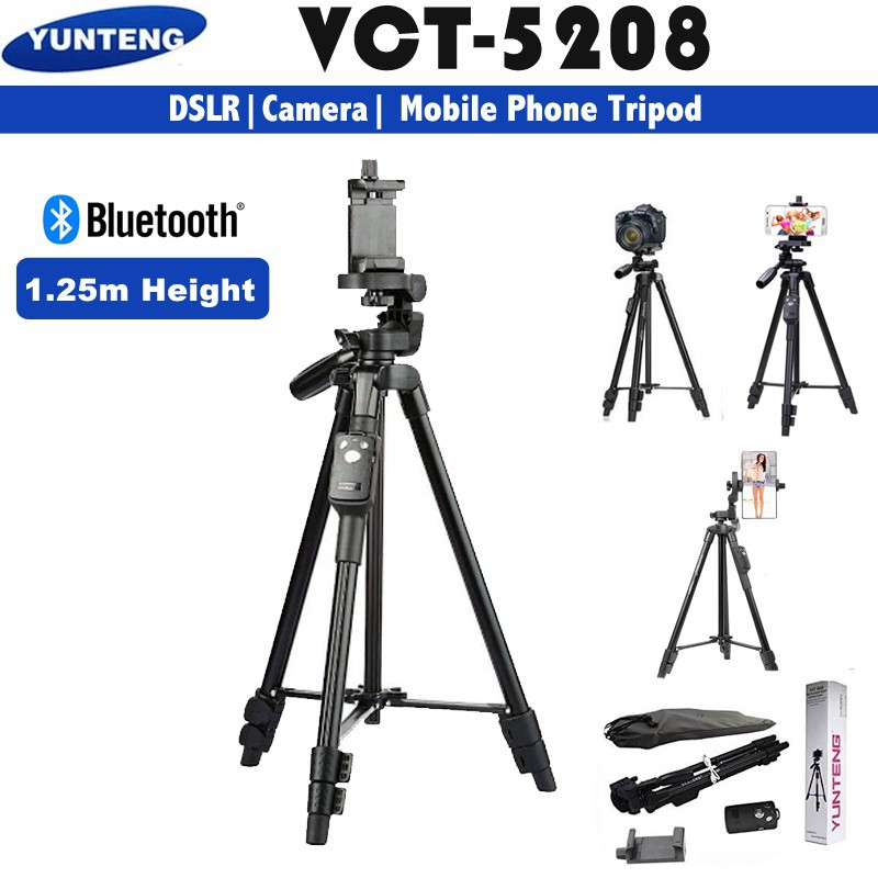 Tripod - Chân đế điện thoại, chân đế máy ảnh Yunteng VCT 5208 kiêm giá đỡ có remote Bluetooth điều khiển chụp từ xa