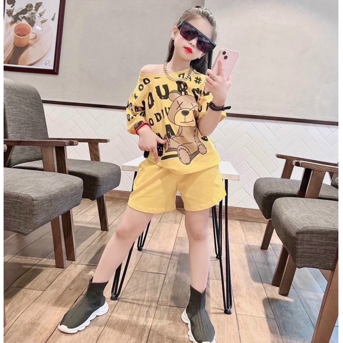 Bộ cộc tay mùa hè bé gái, bộ quần áo hình gấu in tràn chất cotton quần cạp bọc xịn xò cho bé
