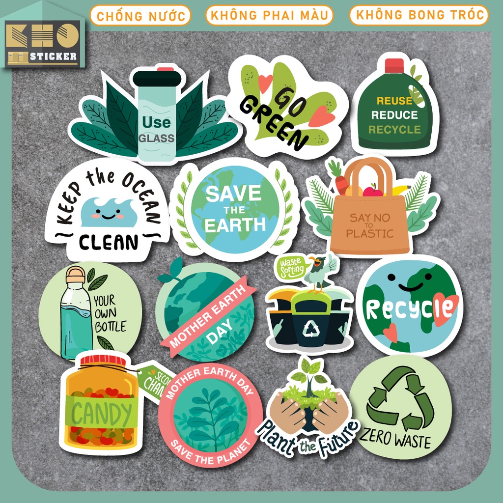 Nguyên bộ Sticker Earth Saving chống nước sticker dán laptop, điện thoại, đàn guitar, mũ bảo hiểm, vali. MSP: ST176