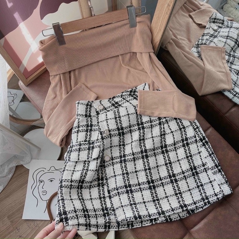 SET ÁO KEM GÂN BẸT VAI + CHÂN VÁY KẺ CARO BỐ