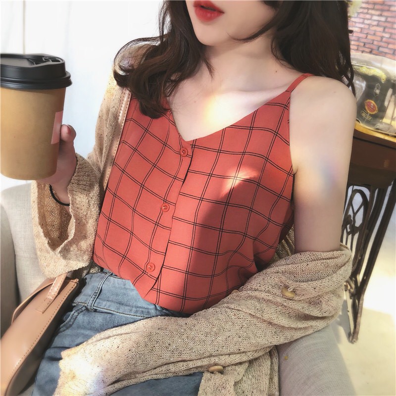 Áo hai dây nữ phối khuy thật, áo 2 dây kẻ caro ulzzang Hàn Quốc - Roxie