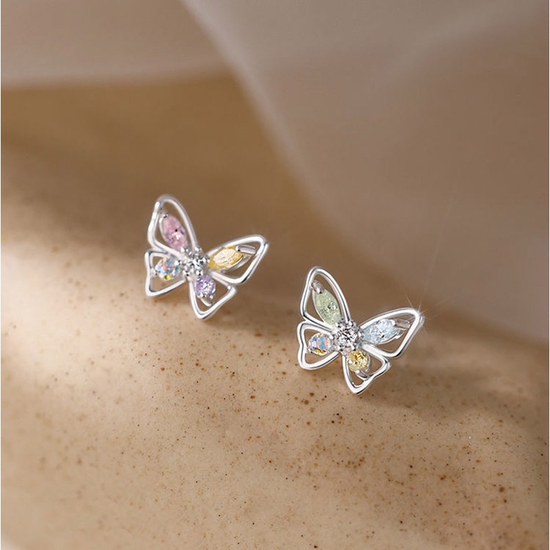 1 Đôi Bông Tai Hình Bướm Rỗng Đính Đá Zircon Nhiều Màu Lấp Lánh