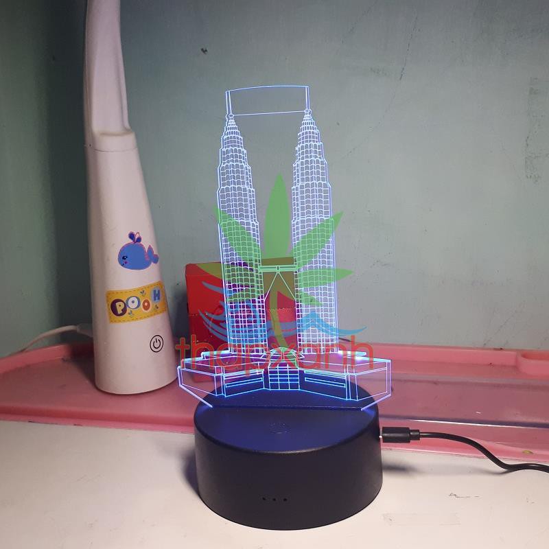 Đèn ngủ, Đèn trang trí Led 3D, Đèn ngủ 16 màu mini có điều khiển Tòa Tháp Đôi