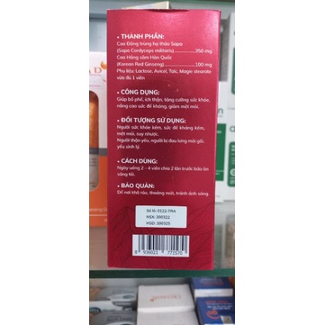 Đông trùng hạ thảo Sapa Traphaco Bổ phế ích thận tăng cường sức khỏe hộp 28 viên