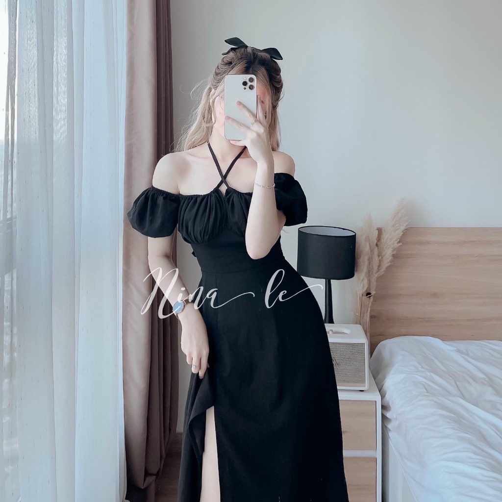 Váy đầm nữ dáng dài kiểu cổ yếm xẻ tà sexy( có mút ngực)