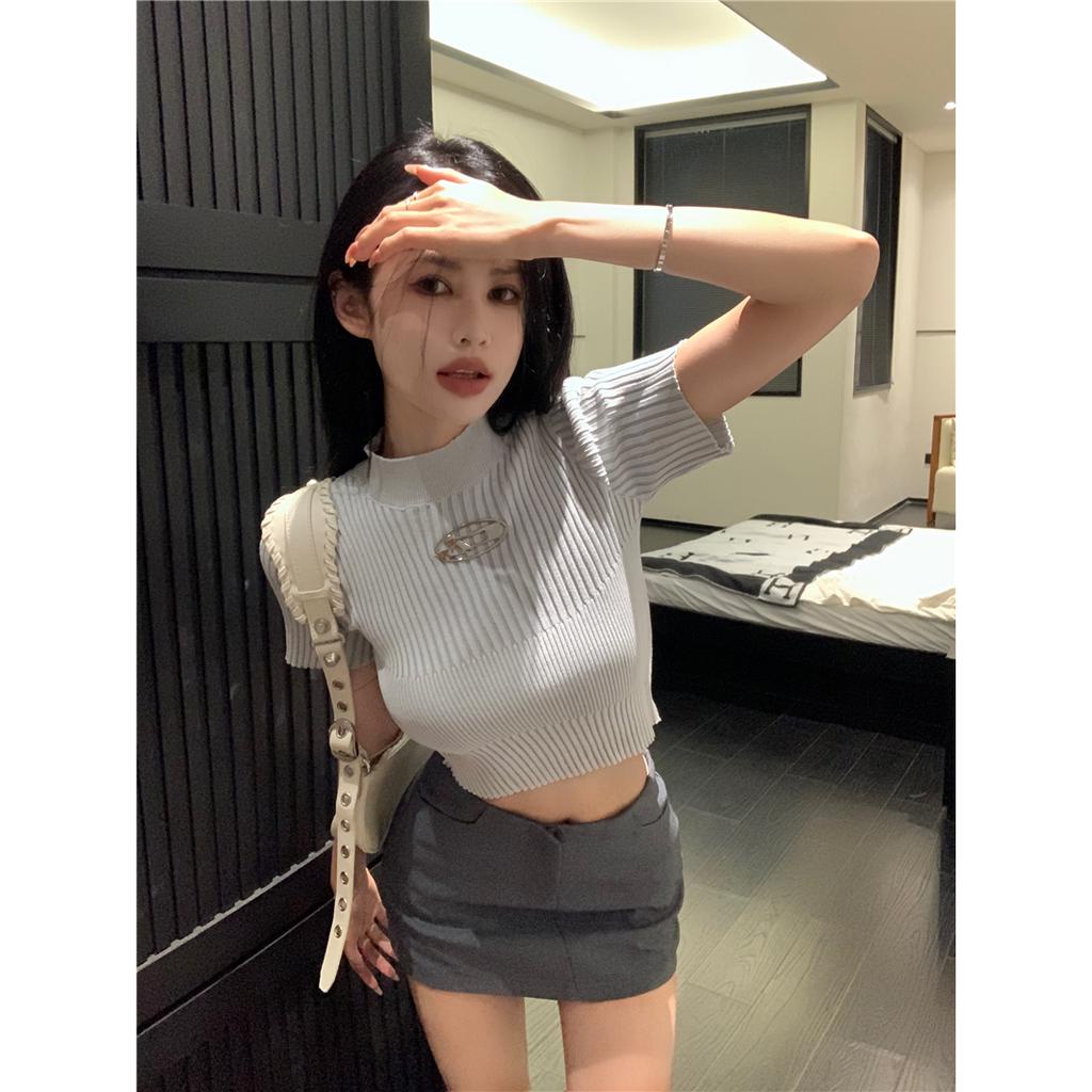 Áo Thun Dệt Kim Tay Ngắn Cổ Tròn Dáng Ôm Phong Cách Mỹ Thời Trang Mùa Hè Cho Nữ