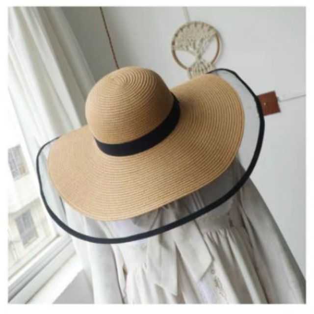 Mũ cói đi biển vành rộng viền lưới đai đen siêu đẹp