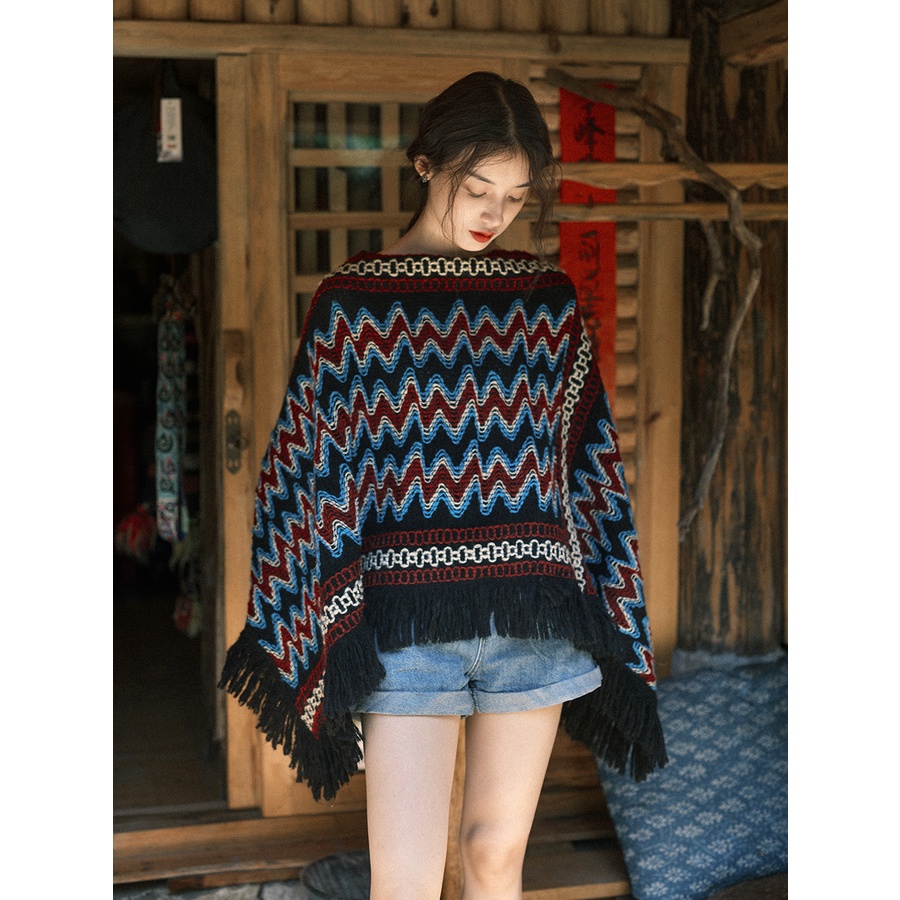 Áo len boho mùa thu đông họa tiết đẹp dáng khăn