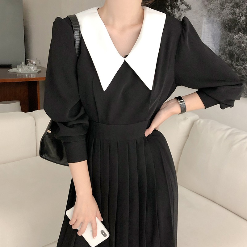[CỰC PHẨM] Váy đen xếp ly dáng dài cổ trắng Hàn Quốc tôn dáng
