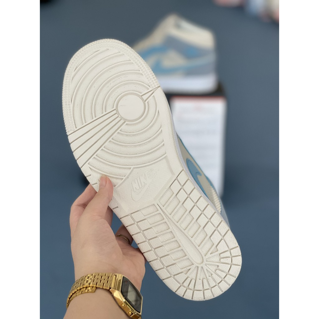 Giày Sneaker Nữ Jordan 1 Mid Mixed Textures Blue Xanh Lam Fullbox, Giày thể thao nữ jordan 1 cổ vừa cực kì dễ thương