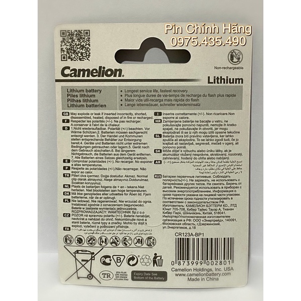 Pin CR123 Camelion 3V Lithium Chính Hãng Vỉ 1 Viên