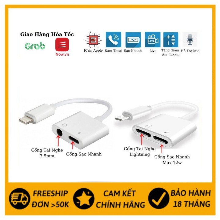 🔥Jack chia cổng iPhone có MIC🔥  [Bảo hành 12 THÁNG] Giắc chuyển đổi lightning vừa sạc vừa nghe nhạc cho Iphone.