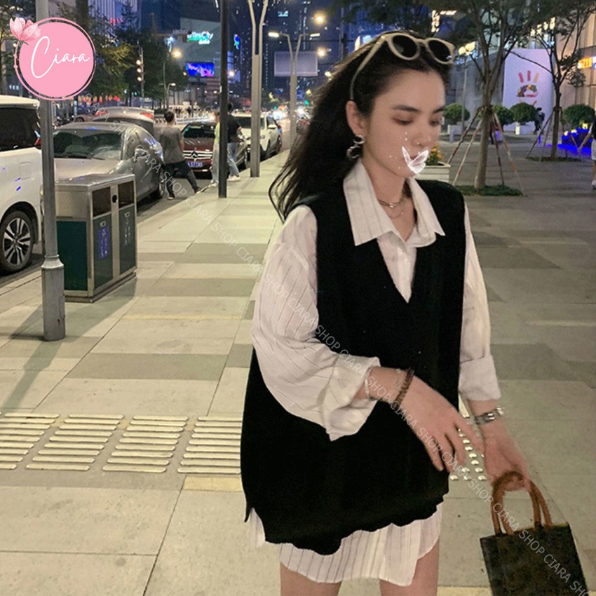 Áo sơ mi nữ form rộng kẻ sọc và áo gile nữ 2021 Ciara Shop TB34, set đồ nữ cá tính